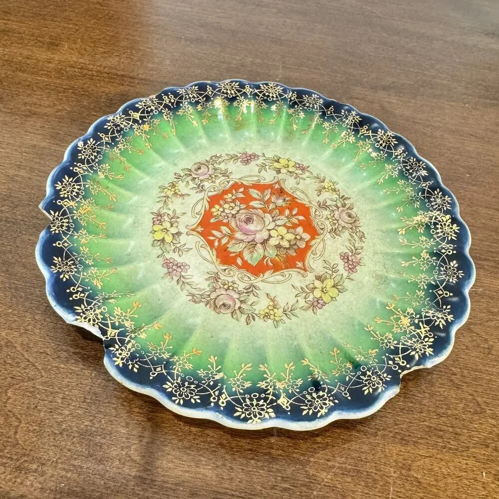 Vintage Leigh Ware Scalloped Dessert Plate Cobalt Blue Floral 22K Gold Chip